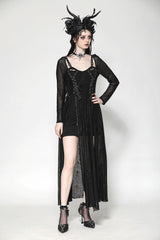 Black Long Sleeves Lace-Up Spiderweb Women's Gothic Elegant Witch Long Dress - Product - 8