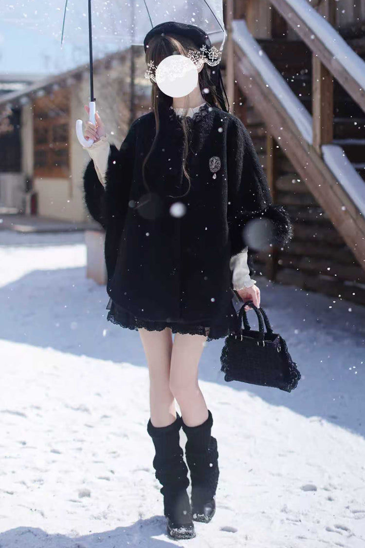 Black Long Sleeves Lace Gothic Japanese Lolita Fluffy Cloak Coat - Black - 1