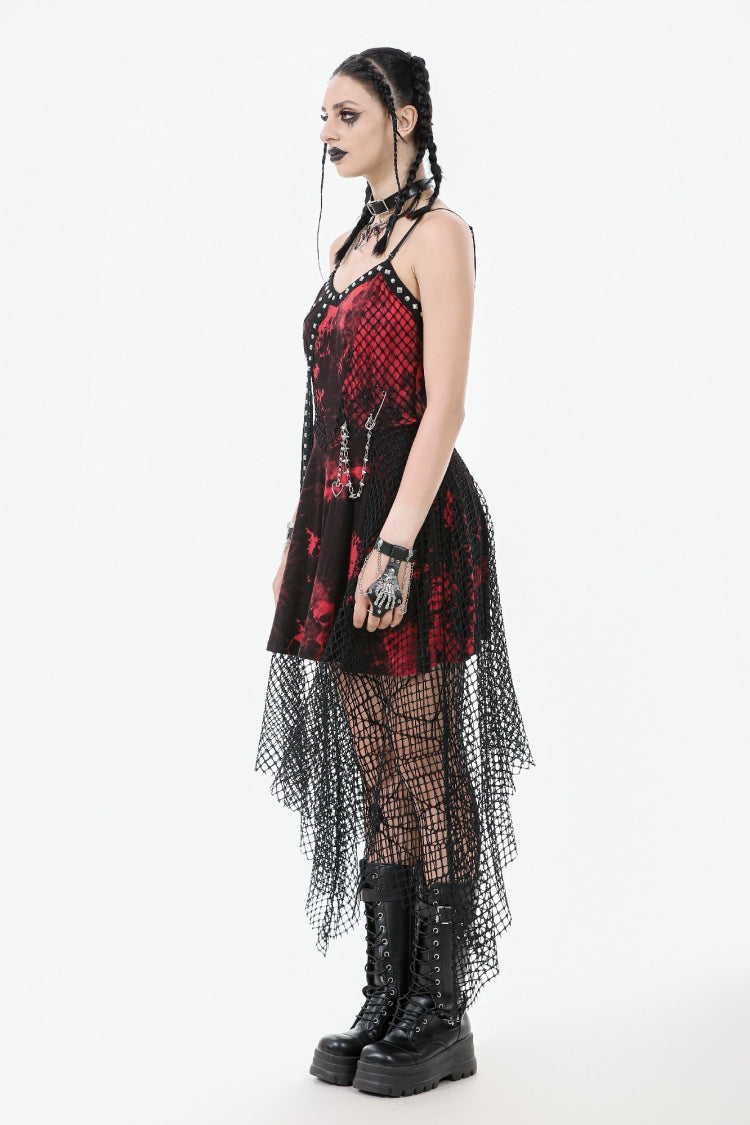 Red Sleeveless Mesh Hem Asymmetric Tie-dyed Women's Punk Slip Dress - Product - 12