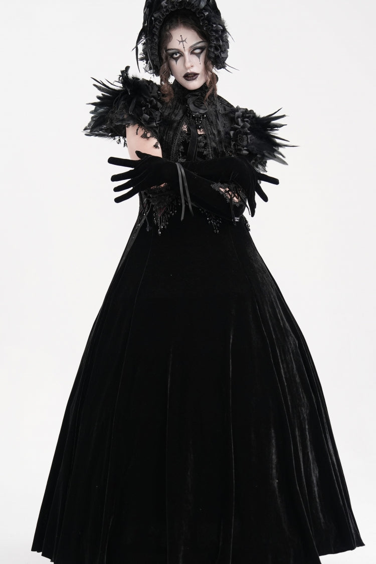 Black Stand Collar Lace Pleated Women's Gothic Tassels Feather Lace Cape - Product - 7