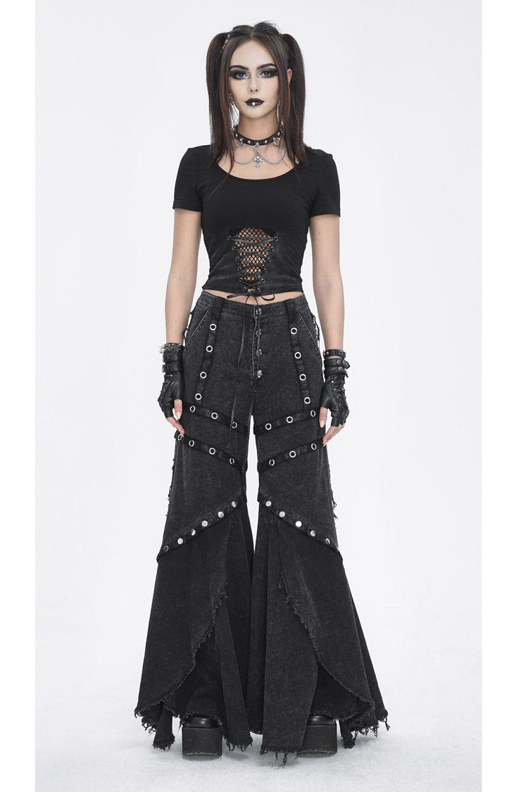 Black Mesh Eyelets Ruffled Flared Womens Punk Pants - Product - 4