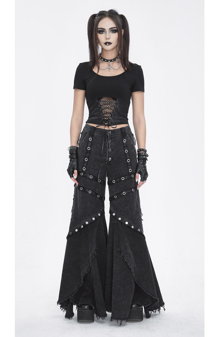 Black Mesh Eyelets Ruffled Flared Womens Punk Pants - Product - 4