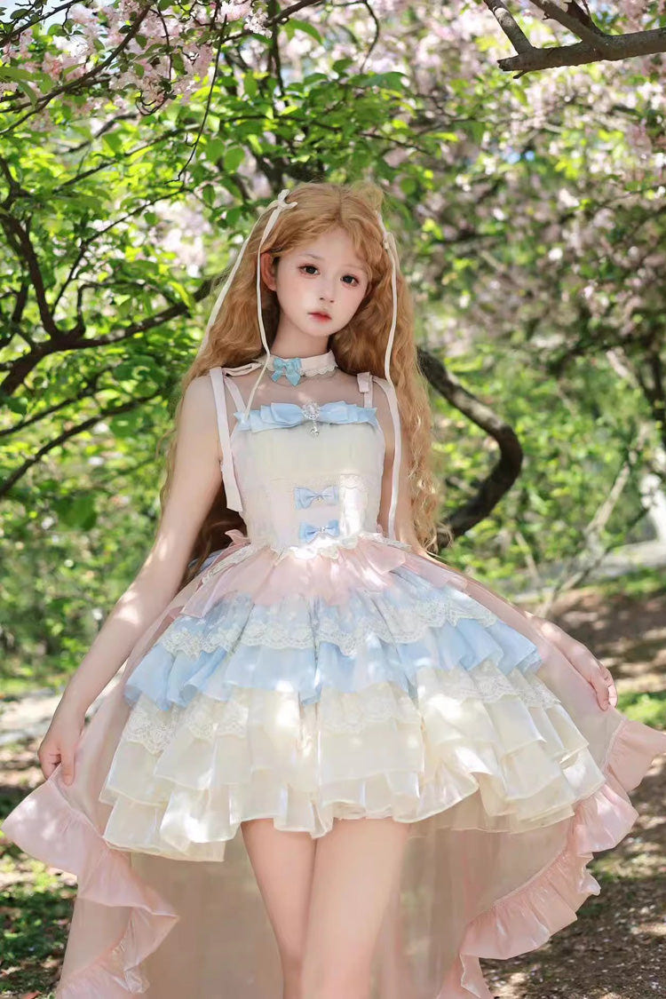 Blue/Pink/Apricot Multi-layer Ruffle Bowknot Sweet Princess Lolita Tiered Dress - Product - 3