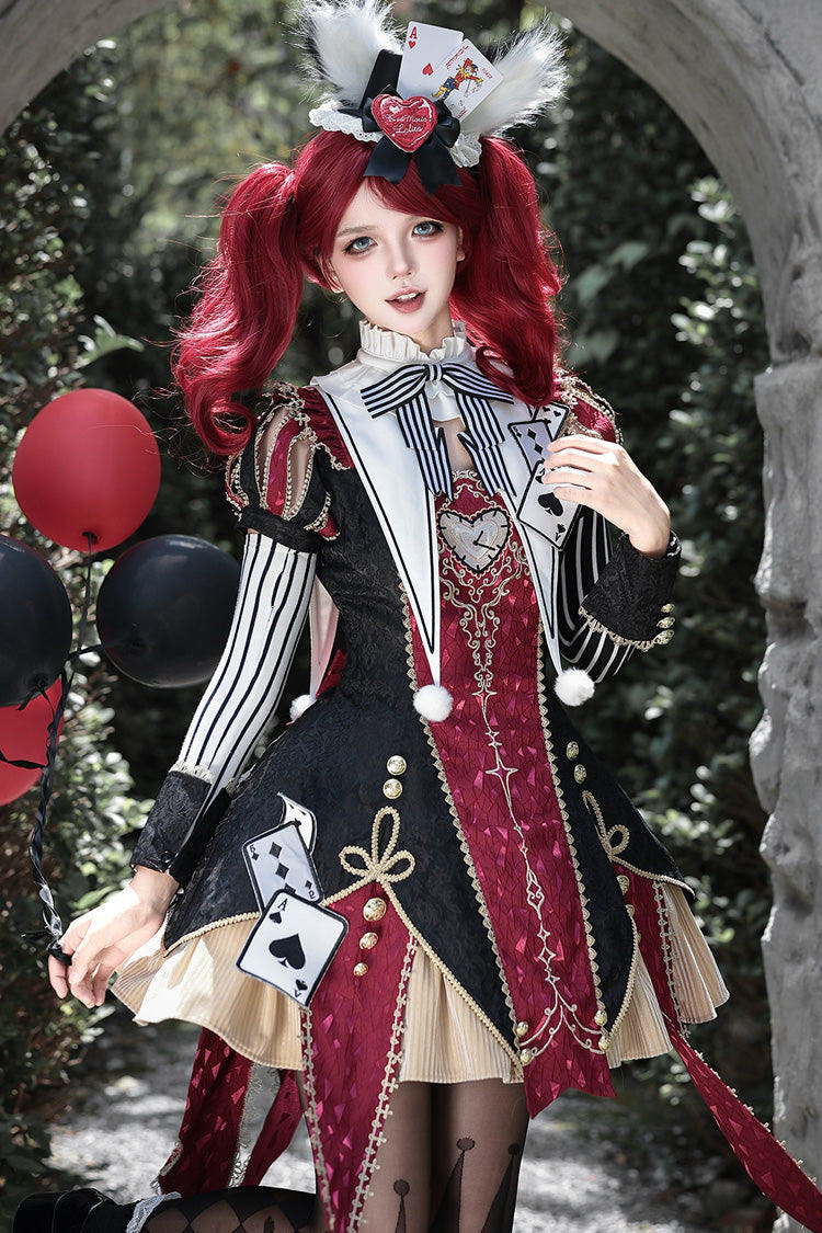 Black/Red [Circus Fantasy Night] Stand Collar Long Sleeves Jacquard Bow Gothic Lolita Dress Set - Black/Red(Set) - 1