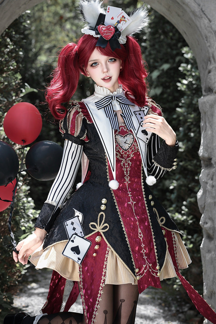 Black/Red [Circus Fantasy Night] Stand Collar Long Sleeves Jacquard Bow Gothic Lolita Dress Set - Black/Red(Set) - 1