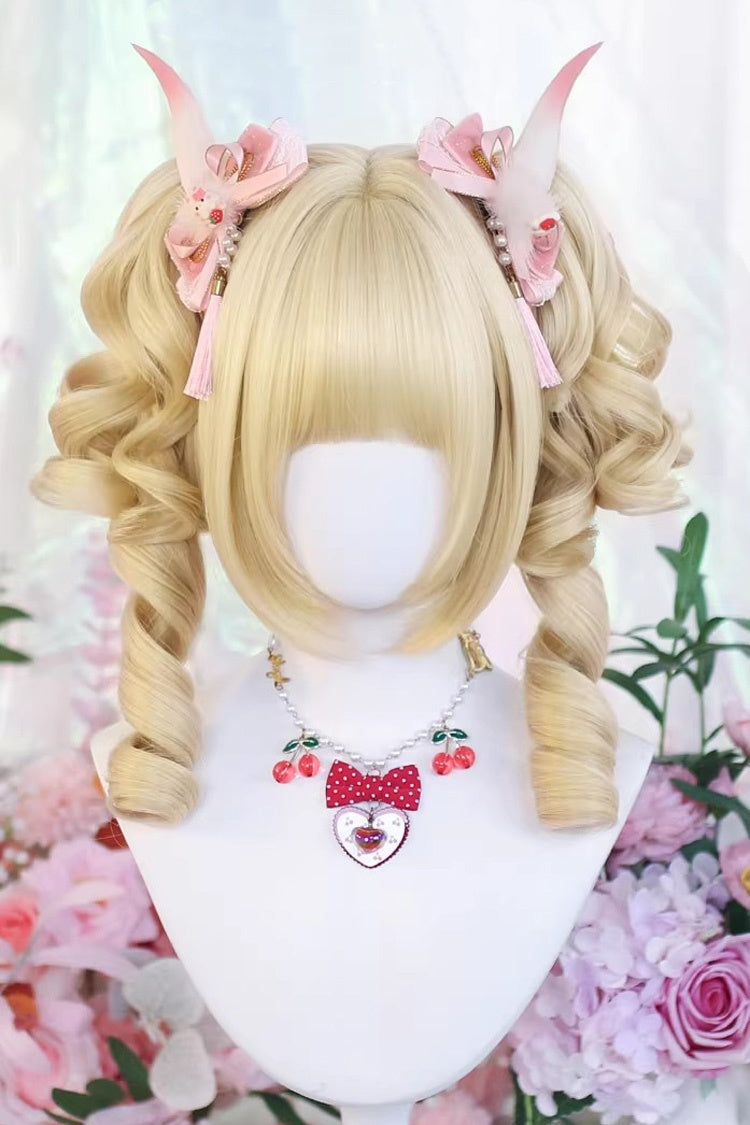 Short Roman Ringlet with Twin Pigtails Sweet Lolita Wig Set 3 Colors - Light-Blonde - 2