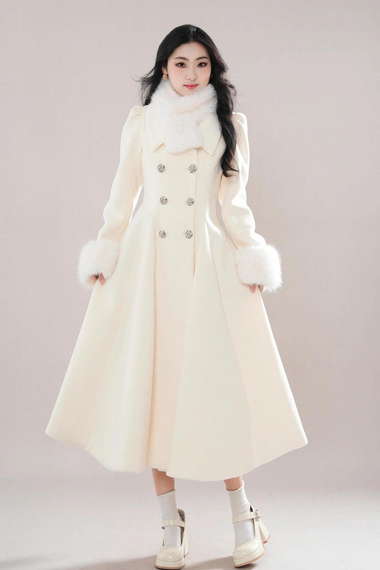 Beige Double-breasted Long Sleeves Removable Fur Collar Sweet Elegant Princess Lolita Coat - Product - 3
