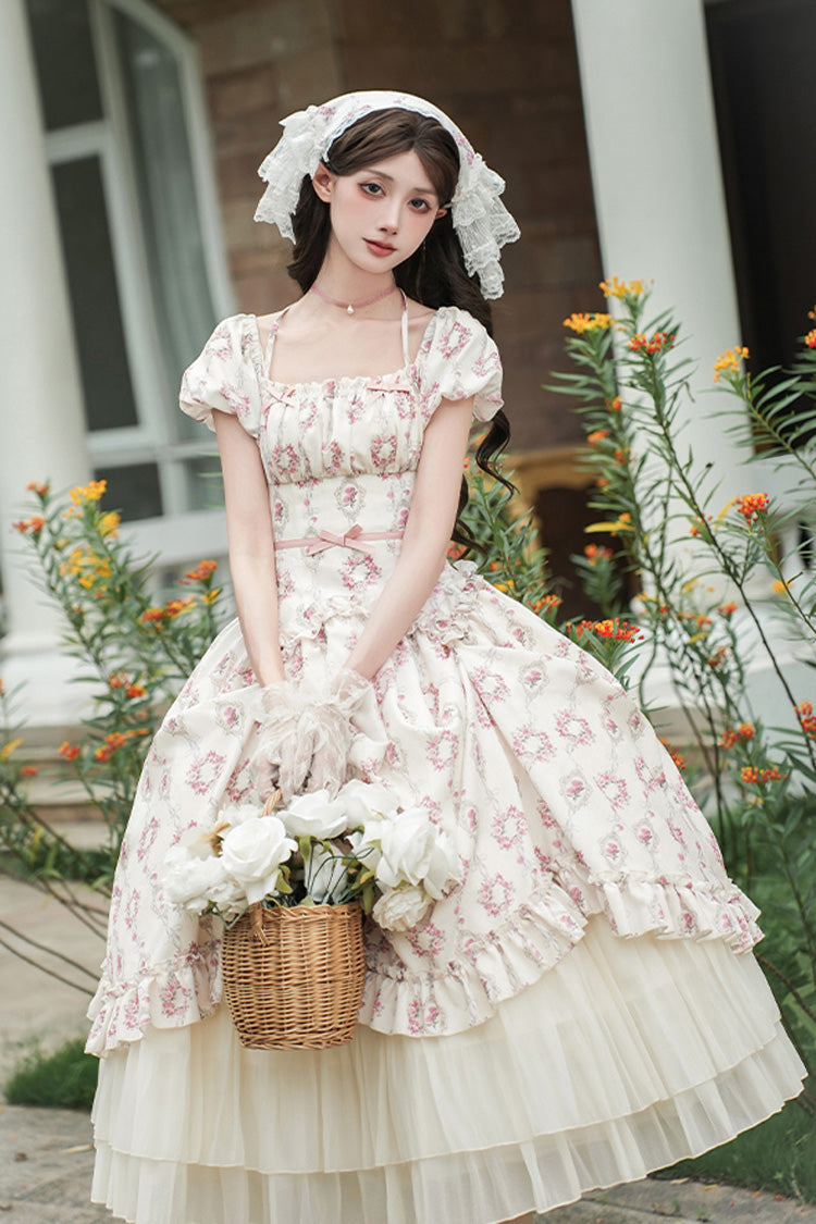 Ivory [Rose After The Rain] Short Sleeves Triple-Layered Print Ruffle Bowknot Lace-Up Sweet Lolita Long Dress - Ivory - 1