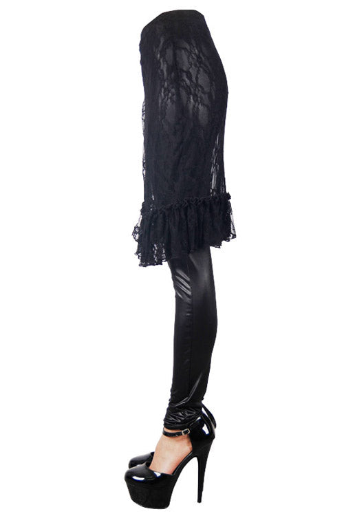 Black Rose Lace Mesh Outer Skirt Gothic Faux Leather Womens Pants - Product - 8