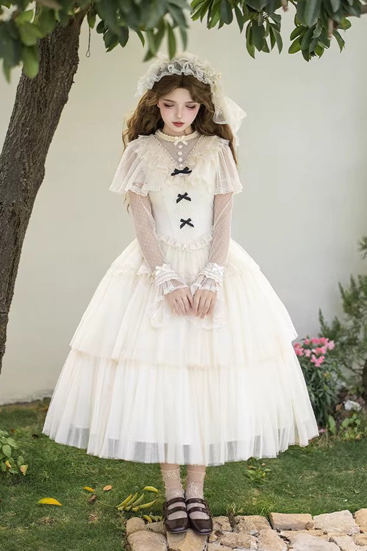 Ivory [The Oath of White Mist] Edwardian Collar Long Sleeves Multi-Layered Ruffled Bow Lace Fishbone Sweet Lolita Dress 2 Versions - Product - 15