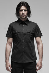 Black Lapel Collar Short Sleeves Men's Punk Blouse - Black - 1