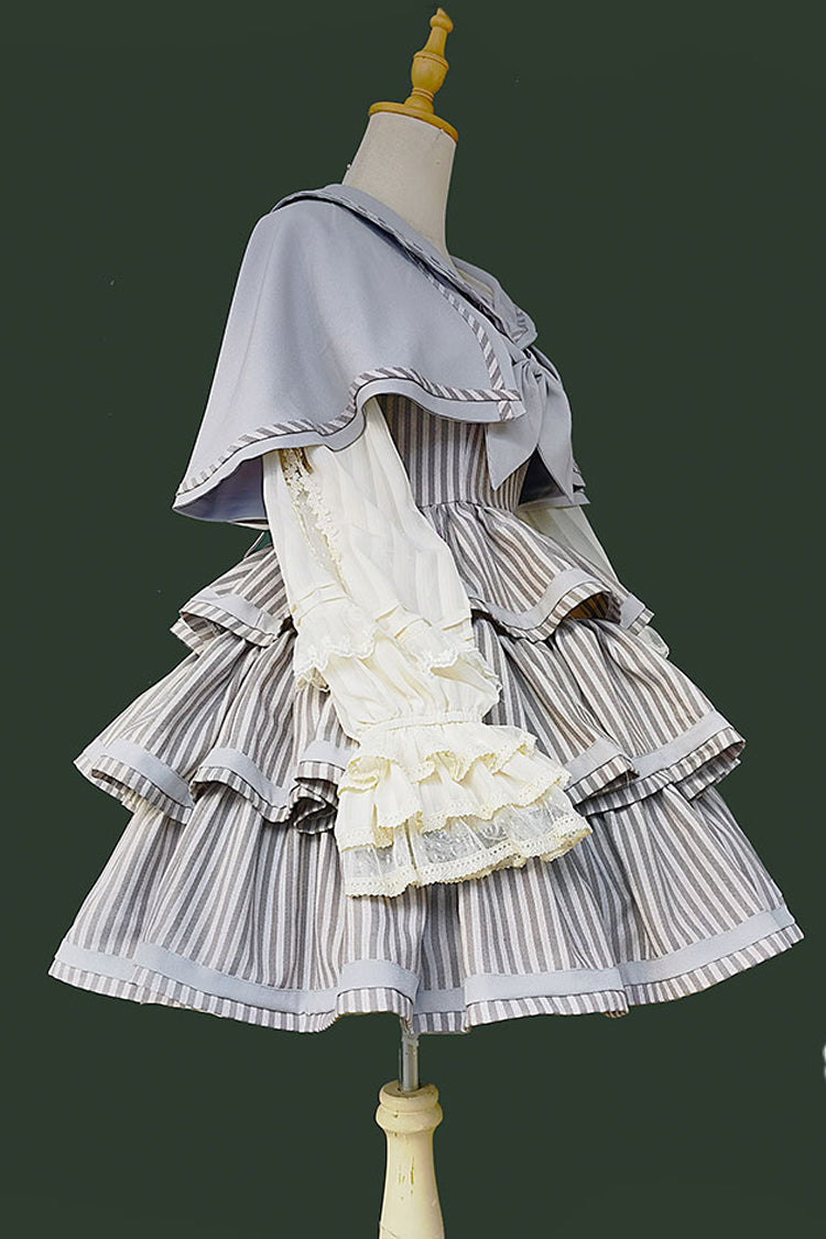 [From Afar] Sleeveless Triple-Layered Stripe Print Bowknot Sweet College Style Lolita Dress 2 Colors - Product - 15