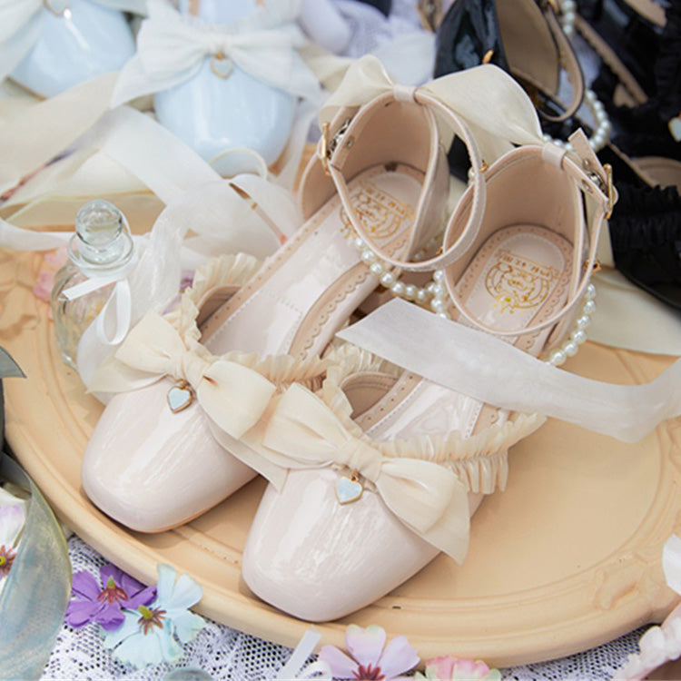 Romance Bowknot Lace Pearl Sweet Elegant Lolita Shoes 4 Colors - Apricot - 1