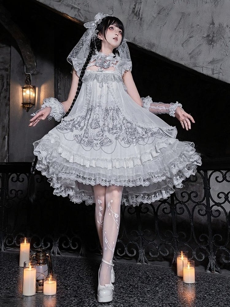 Gothic White Candle Print Waistless Lolita JSK Dress with Lace Details + Choker + Candle Embroidered Brooch Set