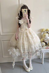 Apricot [Eternal Vow] Sleeveless Multi-Layered Ruffle Hanayome Bowknot Lace Lace-Up Sweet Lolita Jsk Dress - Product - 2