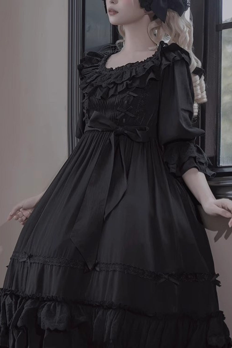 Black [Good Morning] Short Sleeves Ruffle Bowknot Lace-Up Gothic Lolita Dress - Product - 5