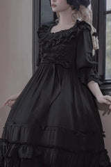 Black [Good Morning] Short Sleeves Ruffle Bowknot Lace-Up Gothic Lolita Dress - Product - 5