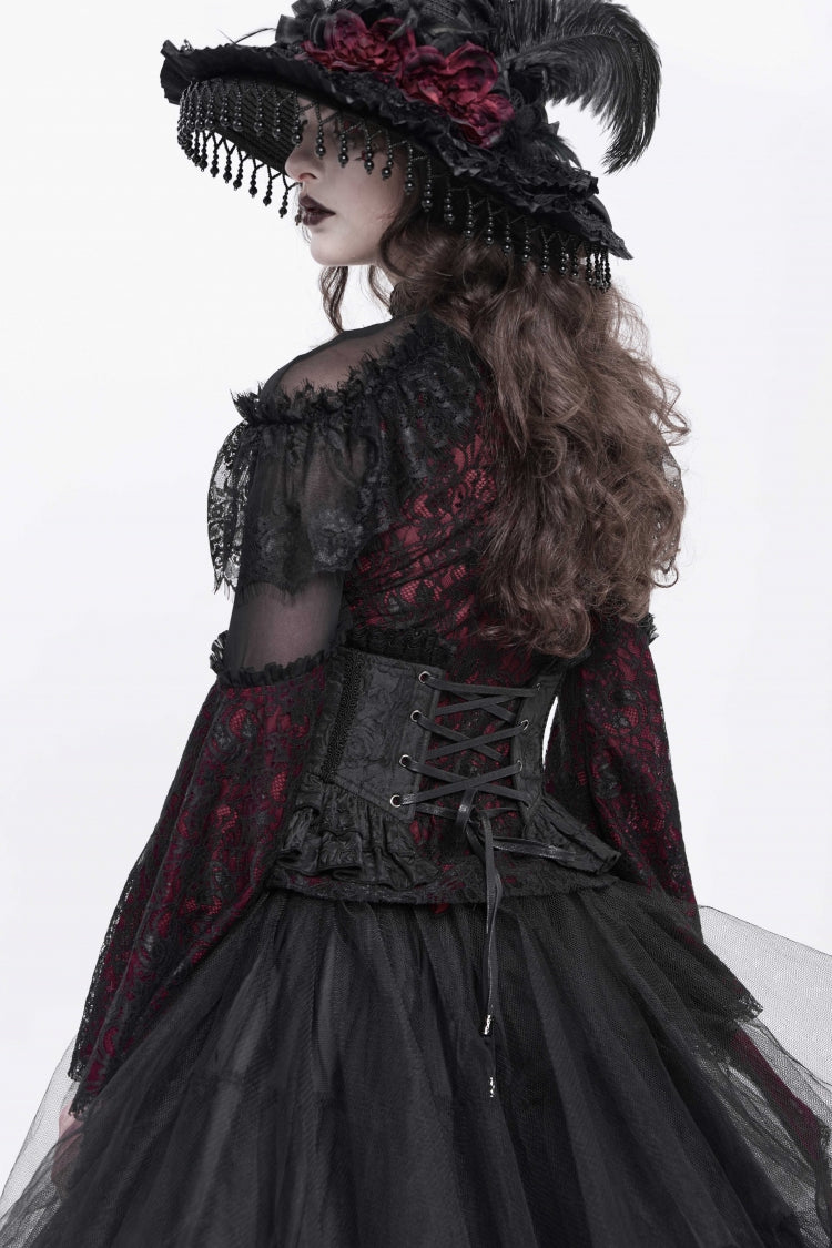 Black Printed Spliced Lace Lace-Up Slim Zippered Women's Gothic Palace Corset - Product - 8
