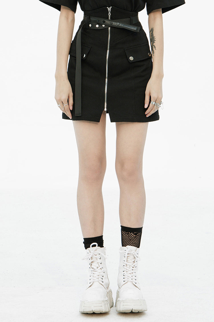 Black High Waist Front Zipper Metal Eyelets Belt Side Pocket Women's Punk Denim Skirt - Product - 2