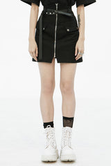 Black High Waist Front Zipper Metal Eyelets Belt Side Pocket Women's Punk Denim Skirt - Product - 2