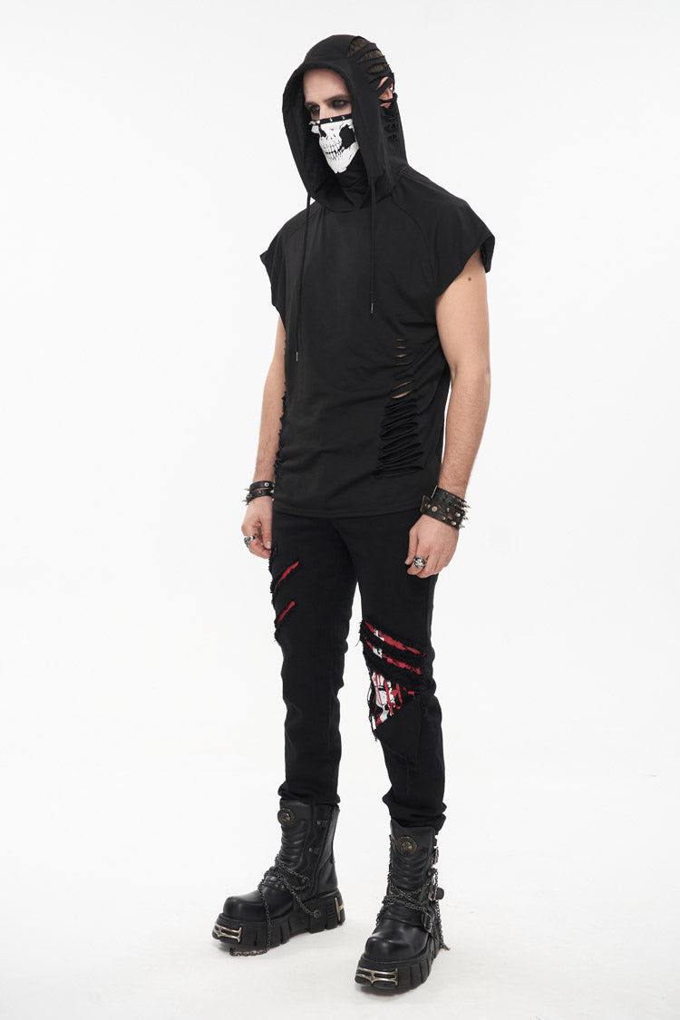 Black Skull Print Super High Neck Masked Rivet Hole Hooded Short Sleeve Men's Punk T-Shirt - Product - 5
