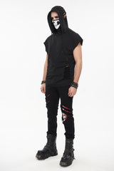 Black Skull Print Super High Neck Masked Rivet Hole Hooded Short Sleeve Men's Punk T-Shirt - Product - 5