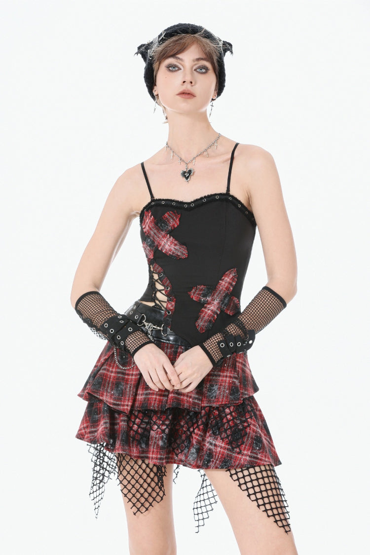 Black Strap Off Shoulder Asymmetric Side Lace-Up Eyelet Women's Punk Plaid Cross Bustier - Black - 1