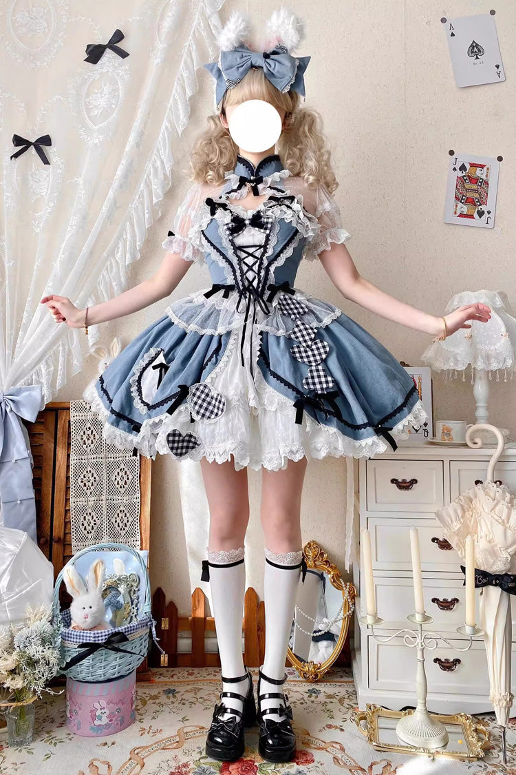 Blue Ruffle Bowknot Lace Sweet Chinese Style Elegant Princess Lolita Skirt (Includes Tops) - Product - 3