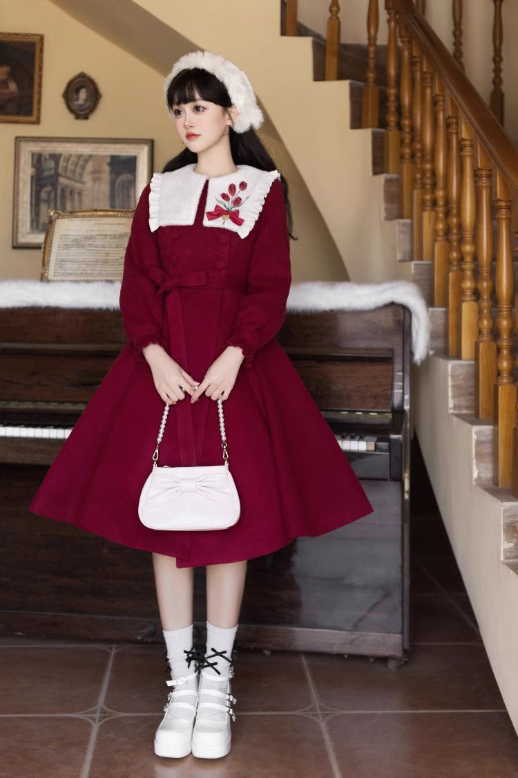 Tulip Long Puff Sleeves Embroidery Slim Sweet Lolita Coat 2 Colors - Red - 8