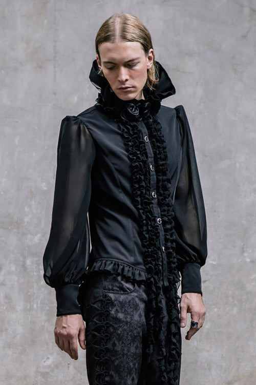 Black High Collar Lace Up Dovetail Hem Mens Gothic Blouse - Product - 2