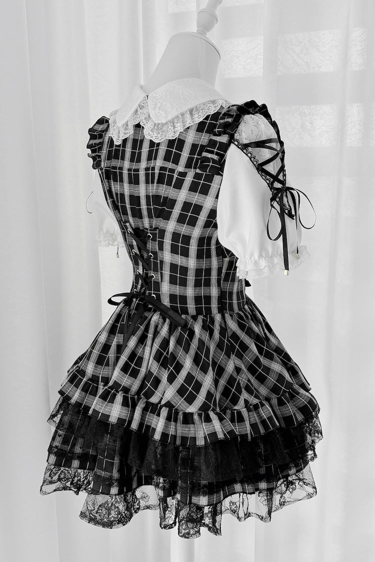 [Heart Key Treasure Box] Lapel Collar Short Sleeves Printed Ruffled Bow Lace-Up Japanese Jirai Kei Dress Shorts Set 3 Colors - Product - 5