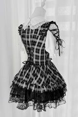 [Heart Key Treasure Box] Lapel Collar Short Sleeves Printed Ruffled Bow Lace-Up Japanese Jirai Kei Dress Shorts Set 3 Colors - Product - 5