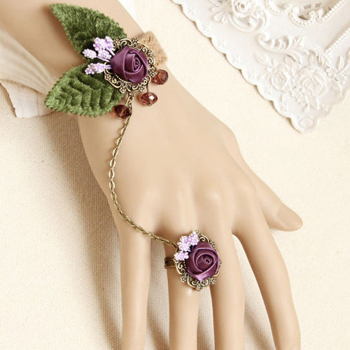 Purple Retro Personality Rose Leaves Hemp Rope Female Lolita Ring Bracelet - Product - 1