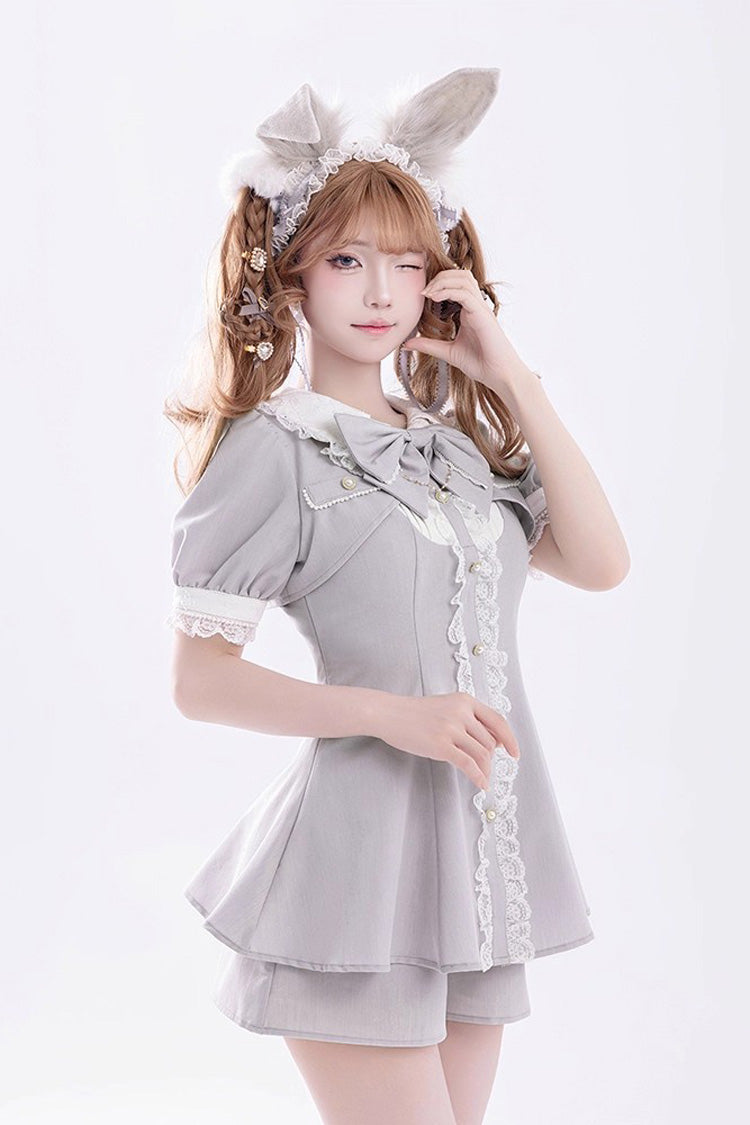 Grey Short Sleeves Ruffle Bowknot Fake Two Pieces Jirai Kei Japanese Dress Shorts - Product - 3