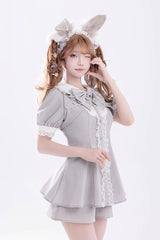 Grey Short Sleeves Ruffle Bowknot Fake Two Pieces Jirai Kei Japanese Dress Shorts - Product - 3