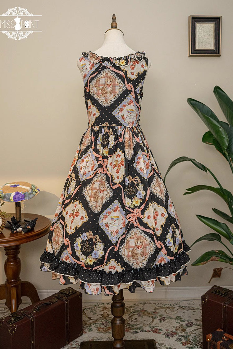 Cat Rose Tea Sleeveless Print Ruffle Bowknot Sweet Lolita Jumper Dress 3 Colors - Product - 20