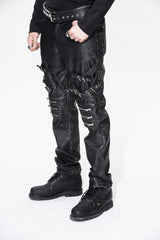 Black Punk Rock Biker Multi Loops Silver Zipper Hand Rubbed Leathers Mens Pants - Product - 4