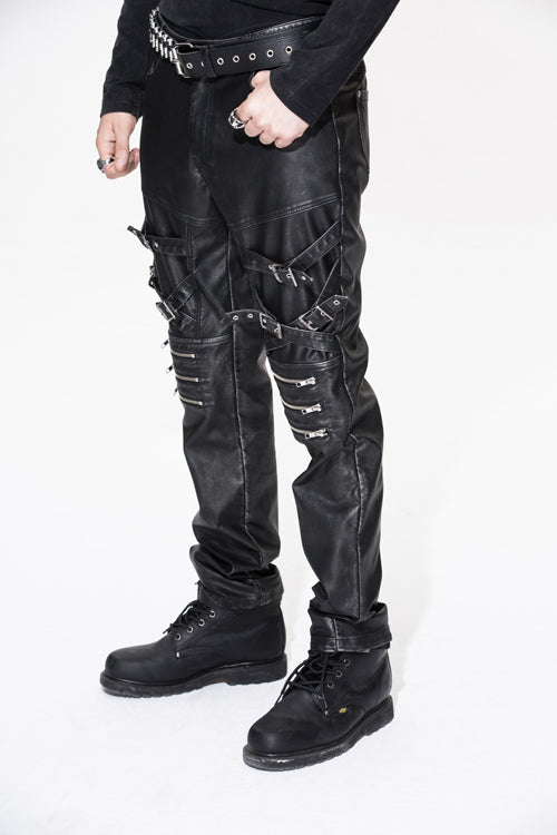 Black Punk Rock Biker Multi Loops Silver Zipper Hand Rubbed Leathers Mens Pants - Product - 4