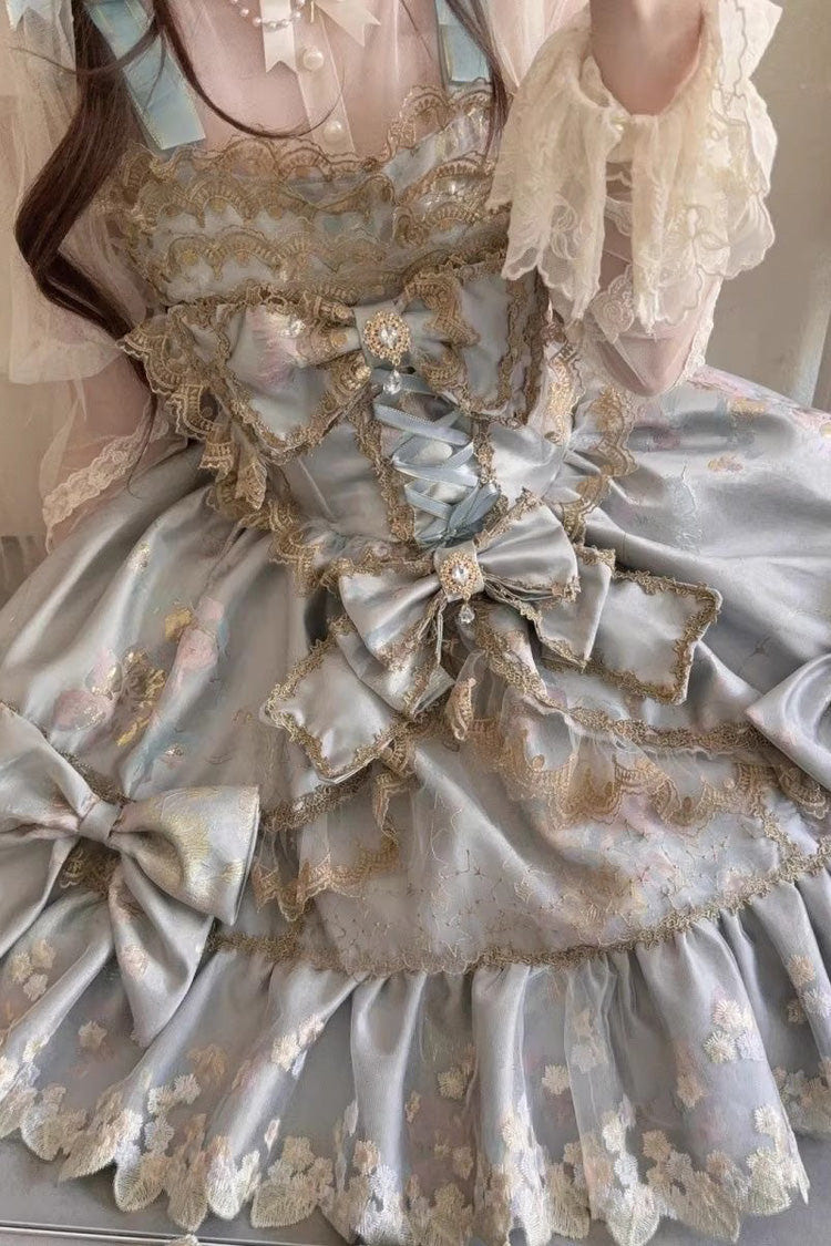 Sweet Sleeveless Ruffled Foil-Stamped Embroidered Open-Front Bow Lace Gorgeous Lolita Jsk Dress 4 Colors - Product - 7