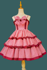 Red [Cloth Cat] Triple-Layered Plaid Print Ruffle Bowknot Sweet Lolita Dress - Product - 3