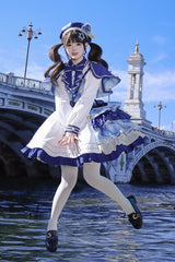 White/Blue [Starlight Academy Style] Long Sleeves Printed Ruffled Spliced Asymmetric Faux Two-Piece Sweet Lolita Dress - Product - 7