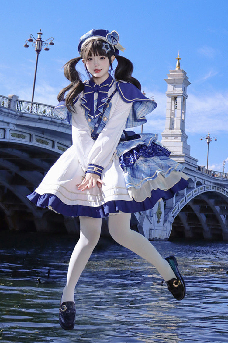 White/Blue [Starlight Academy Style] Long Sleeves Printed Ruffled Spliced Asymmetric Faux Two-Piece Sweet Lolita Dress - Product - 7