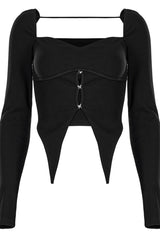 Black Elastic Square Neck Curved Split Butterfly Button Women's Gothic T-Shirt - Product - 5