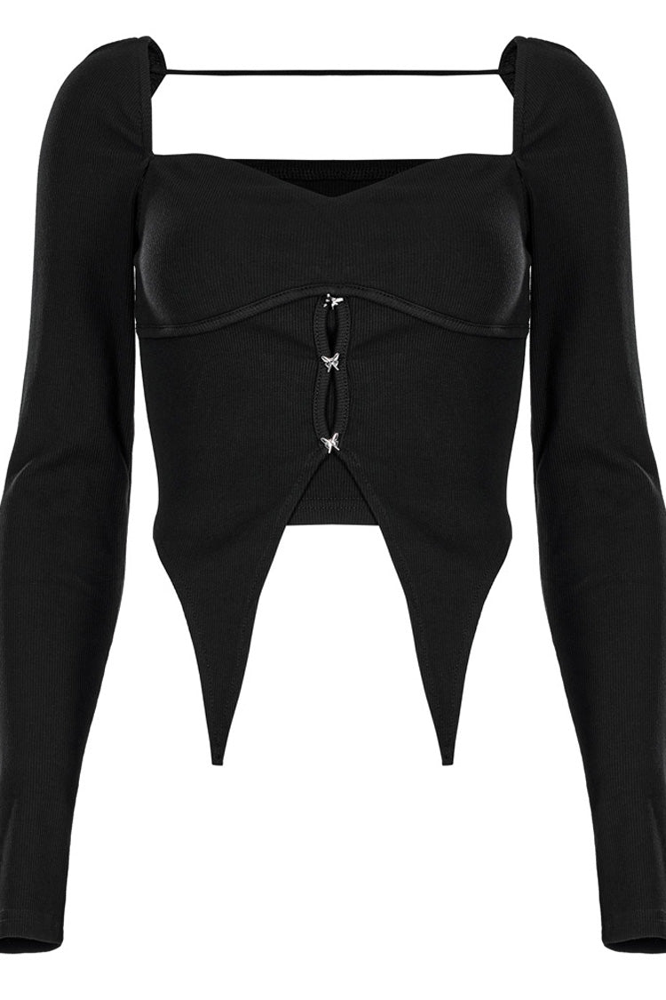 Black Elastic Square Neck Curved Split Butterfly Button Women's Gothic T-Shirt - Product - 5