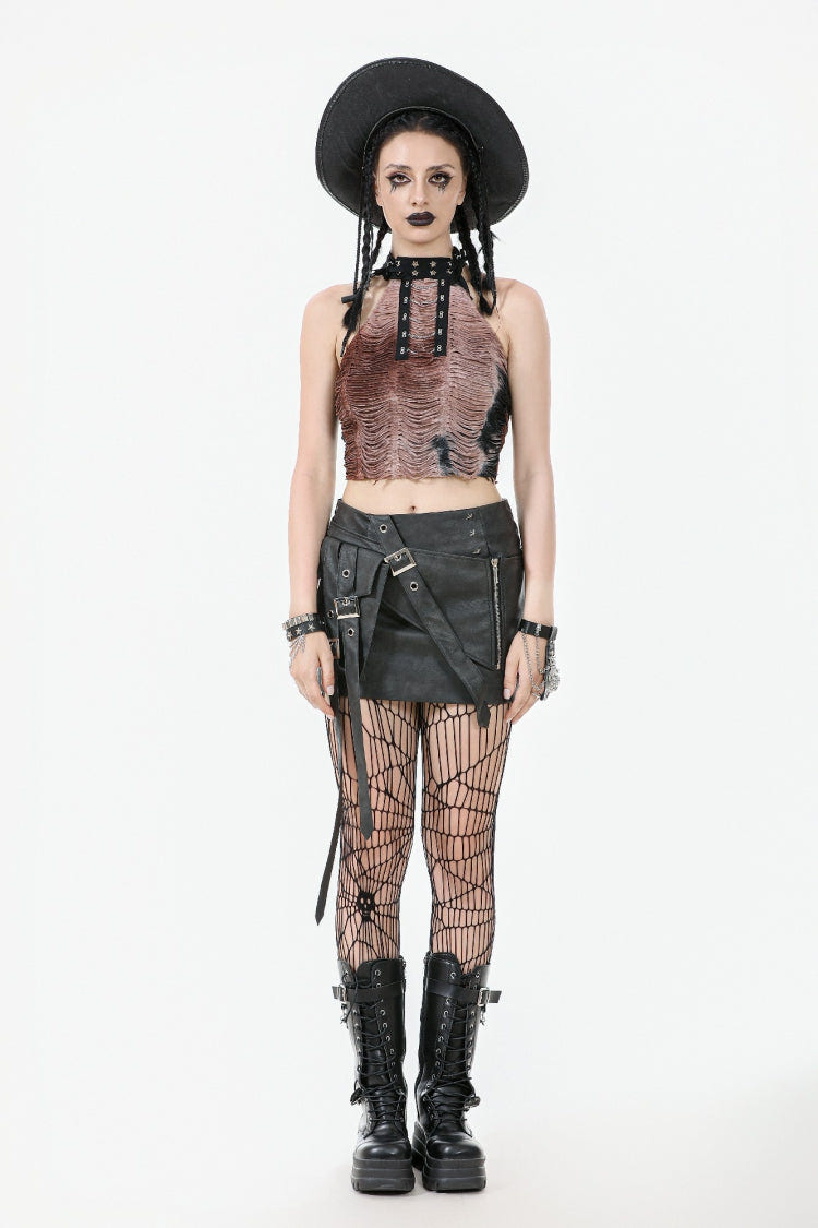 Black Faux Leather Straps Zippered Women's Punk Short Skirt - Product - 10