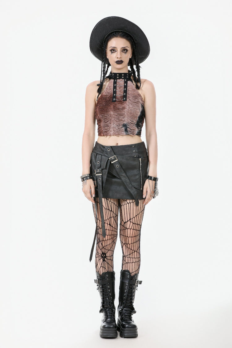 Black Faux Leather Straps Zippered Women's Punk Short Skirt - Product - 10