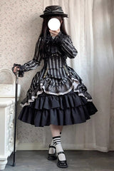Black Stand Collar Long Sleeves Multi-layer Striped Print Ruffle Gothic Lolita Dress - Product - 2
