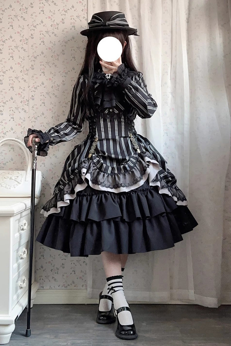 Black Stand Collar Long Sleeves Multi-layer Striped Print Ruffle Gothic Lolita Dress - Product - 2