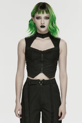 Black Sleeveless Cut-Out Studded Mechanical Women's Punk Tank Top - Black - 1