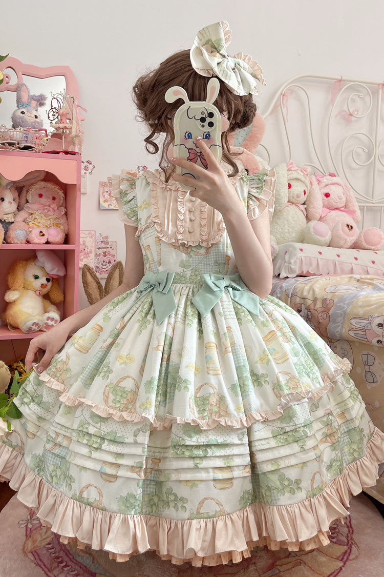 [Green Grape] Sleeveless Multi-Layered Print Bowknot Sweet Lolita Jsk Dress - Product - 4